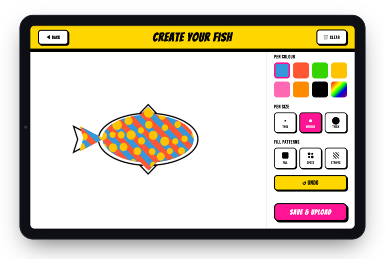 The ImagineX colouring screen on a tablet
